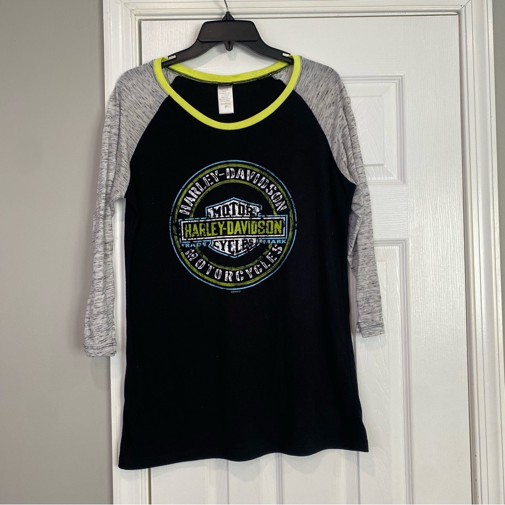 Harley Davidson Motorcycles Womens Black Gray Raglan Shirt Large 3/4 Sleeve